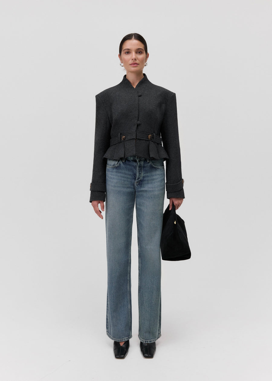 The Bruma Mandarin Collar Blazer in Grey Melange, full front view