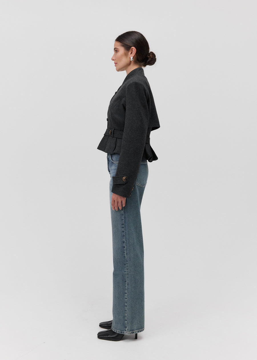 The Bruma Mandarin Collar Blazer in Grey Melange, side view