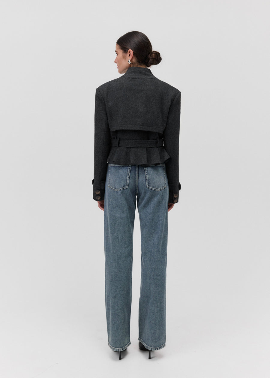 The Bruma Mandarin Collar Blazer in Grey Melange, back view with layered yoke