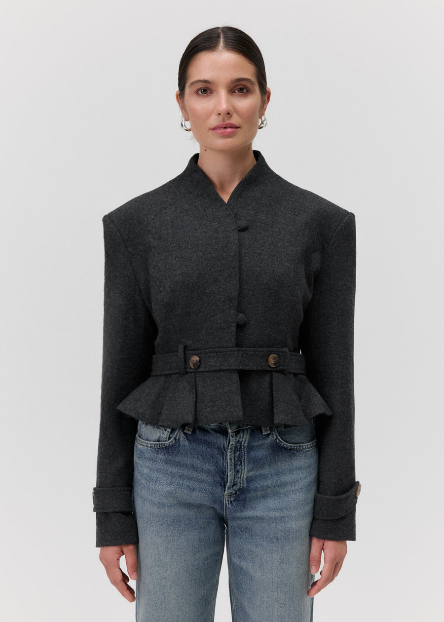 The Bruma Mandarin Collar Blazer in Grey Melange, front close-up